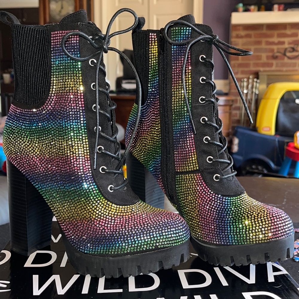 AKIRA BOOTIES, size 7, rainbow rhinestones
